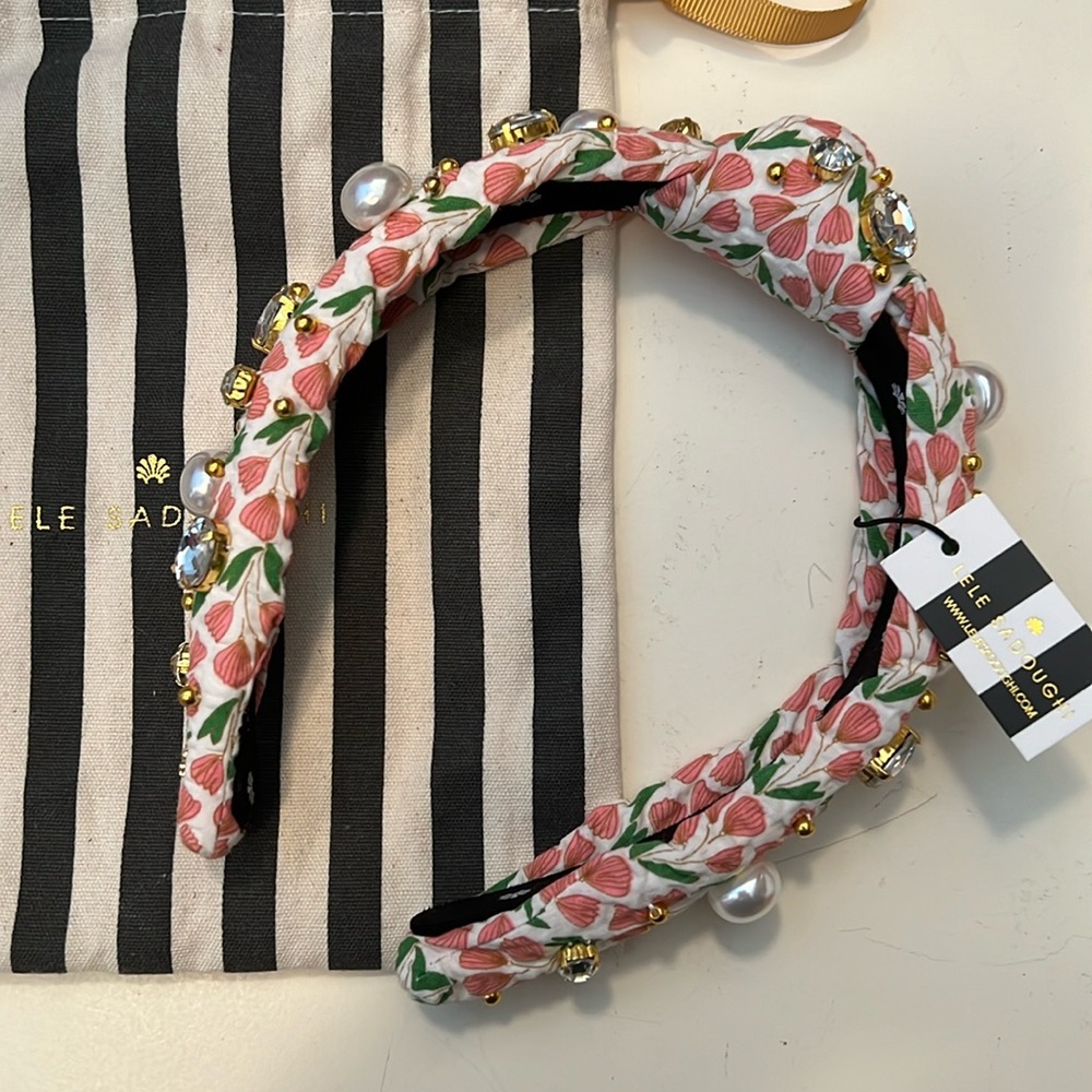 NWT Lele Sadoughi Pearl and Crystal Slim Knotted Headband Pink Tulip. - Picture 2 of 3